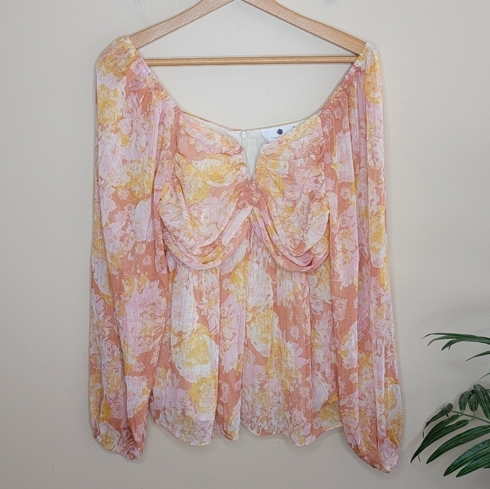Everyday Chic Boutique Peach Yellow Floral Print Boho Blouse Large Cottagecore
